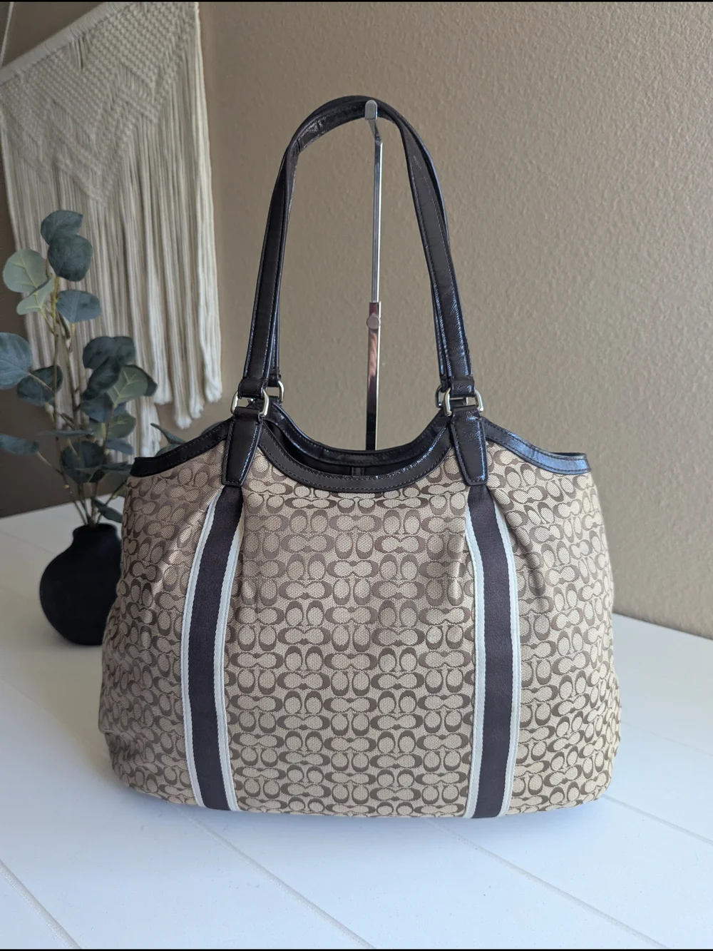 Coach Signature Stripe Devin Shoulder Tote Bag